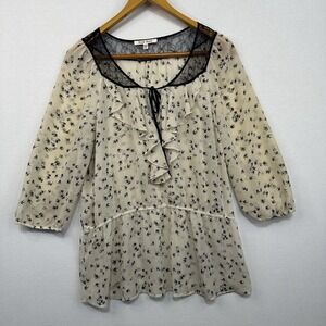 Black Rainn Women's Shear Lightweight Blouse Sz XL Birds Sparrows‎ Lace Neckline